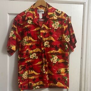 Red Hawaiian Floral Button-Up Polo Shirt